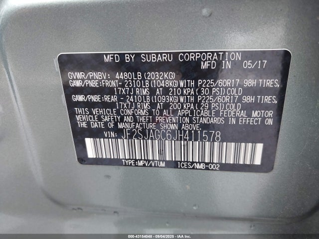 JF2SJAGC6JH411578 Subaru naturally aspirated u5