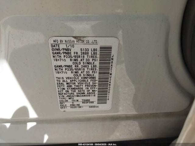 Продаж на аукціоні авто 2010 Nissan Murano Sl, vin: JN8AZ1MU2AW008116, номер лоту: 43154169