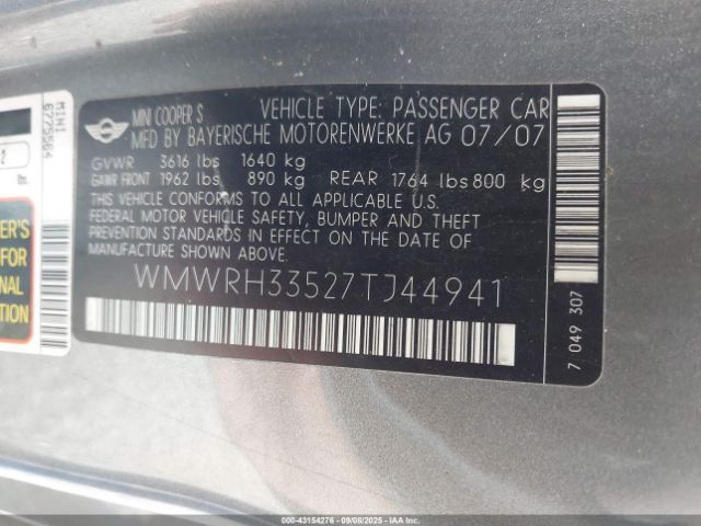 2007 MINI COOPER S WMWRH33527TJ44941 Photo 8