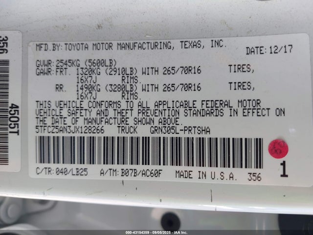 5TFCZ5AN3JX128266 Toyota 2gr-fks