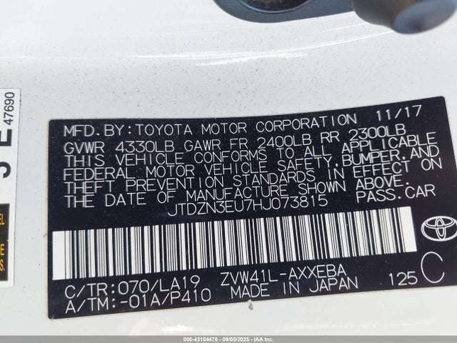 JTDZN3EU7HJ073815 Toyota 2zr-fxe, 5jm