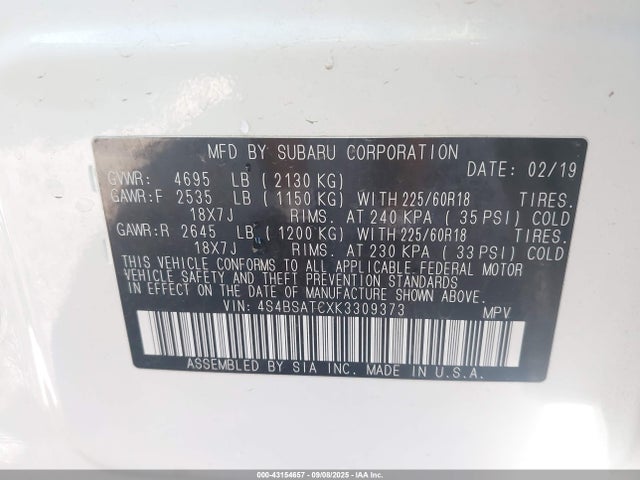 4S4BSATCXK3309373 Subaru na u5