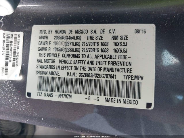 3CZRM3H32GG707841 Honda k24w9/k24v1