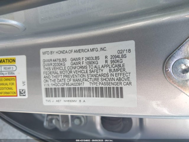 Honda k20c4 2018 1HGCV2F95JA023917 Image 9