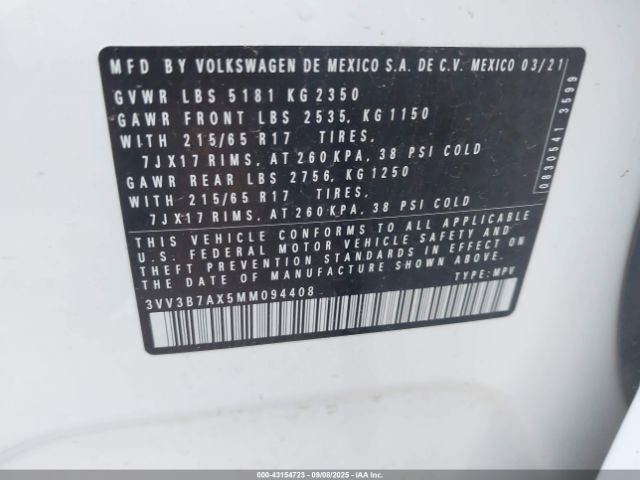 2021 VOLKSWAGEN TIGUAN 3VV3B7AX5MM094408 Photo 8