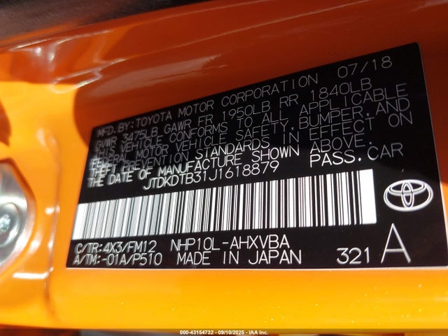 JTDKDTB31J1618879 Toyota 1nz-fxe+1lm