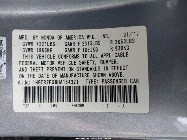 1HGCR2F58HA154321 Honda k24w1