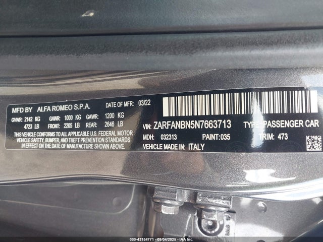 2022 ALFA ROMEO GIULIA ZARFANBN5N7663713 Photo 8