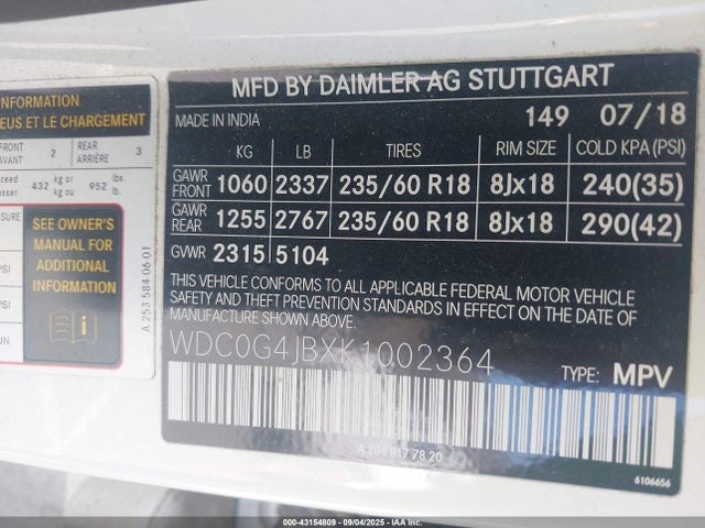 WDC0G4JBXK1002364 Mercedes-Benz m274