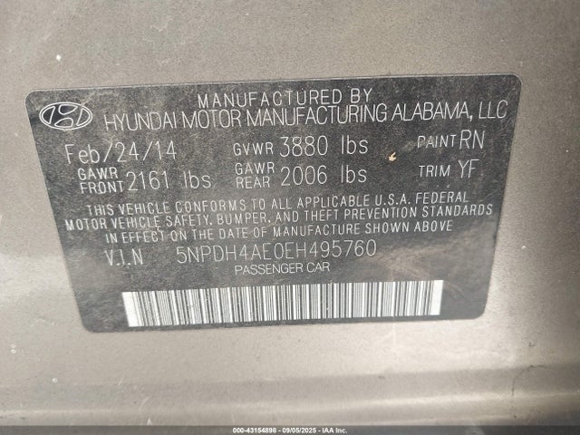 5NPDH4AE0EH495760 Hyundai dohc mpi nu