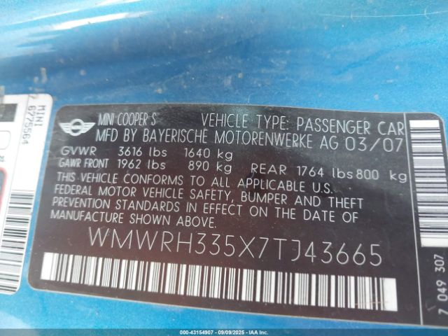 2007 MINI COOPER S WMWRH335X7TJ43665 Photo 8