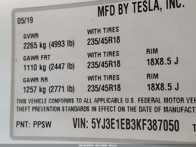 2019 TESLA MODEL 3 5YJ3E1EB3KF387050 Photo 8