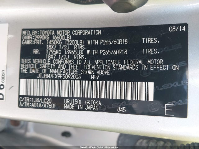 Lexus 1ur-fe 2015 JTJBM7FX9F5092003 Image 9
