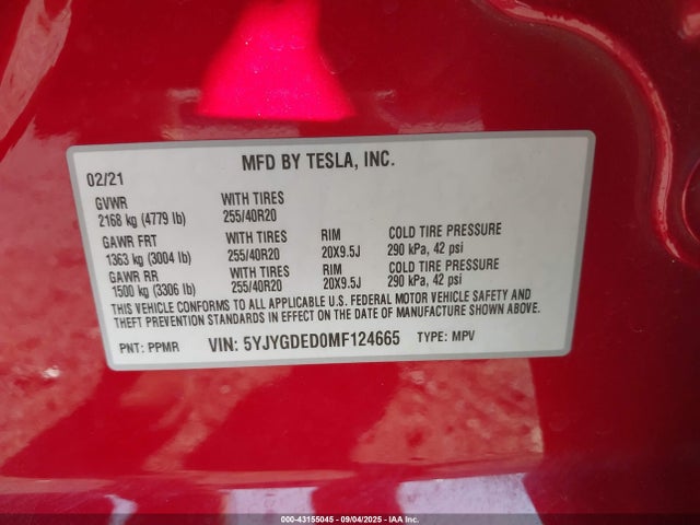 2021 TESLA MODEL Y 5YJYGDED0MF124665 Photo 8