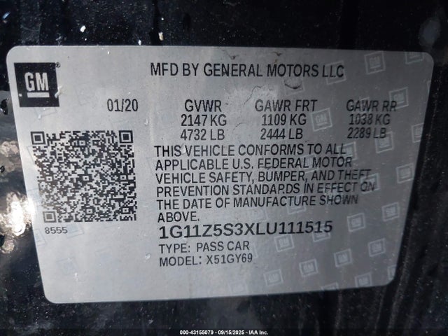 Aukcja sprzedaży 2020 Chevrolet Impala Fwd Lt, vin: 1G11Z5S3XLU111515, numer aukcji: 43155079