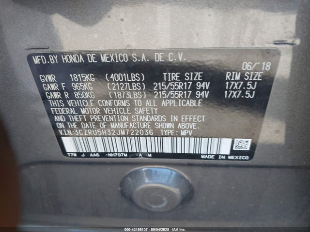 3CZRU5H32JM722036 Honda r18z9