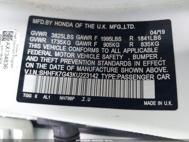 SHHFK7G43KU223142 Honda l15ba