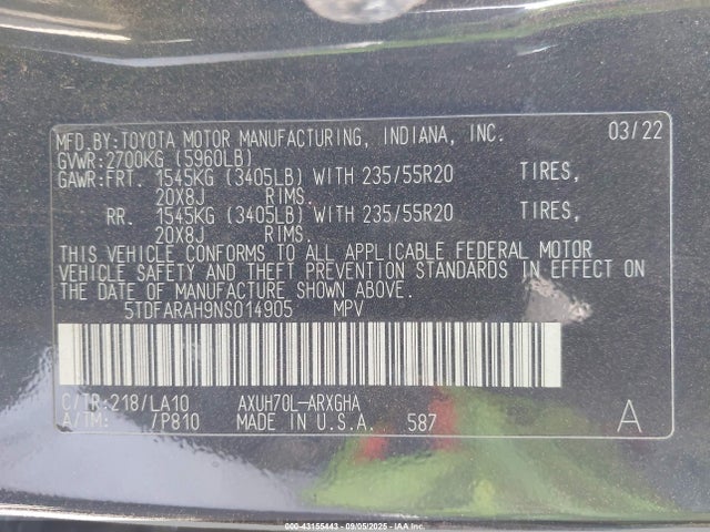 Toyota a25a-fxs, 5nm 2022 5TDFARAH9NS014905 Image 9