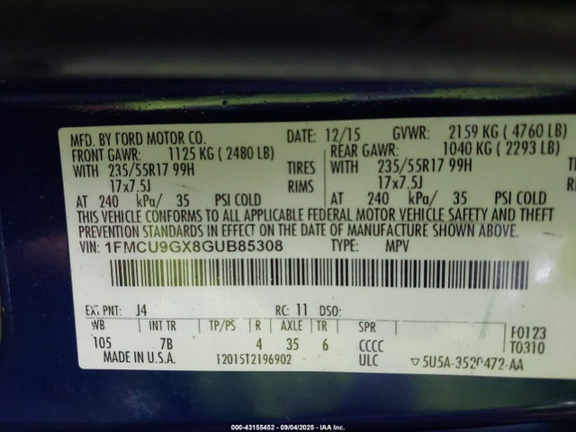 1FMCU9GX8GUB85308 Ford 2016