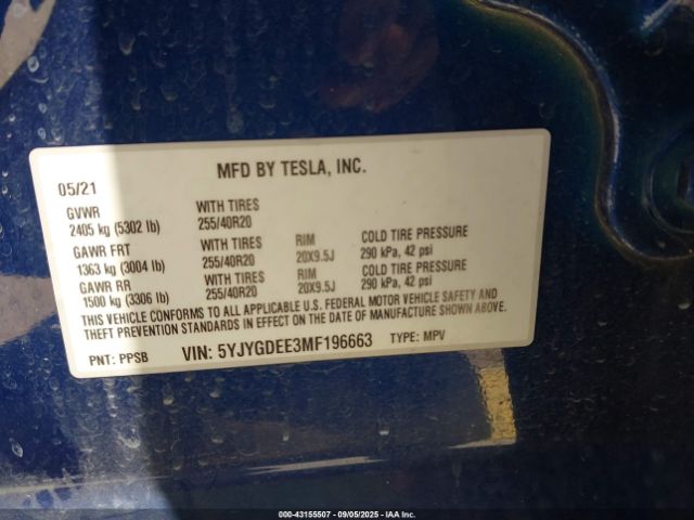 2021 TESLA MODEL Y 5YJYGDEE3MF196663 Photo 8