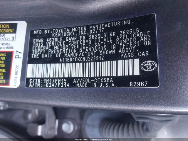 4T1BD1FK0HU222212 Toyota 2ar-fxe+2jm