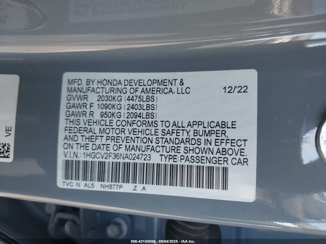 1HGCV2F36NA024723 Honda k20c4
