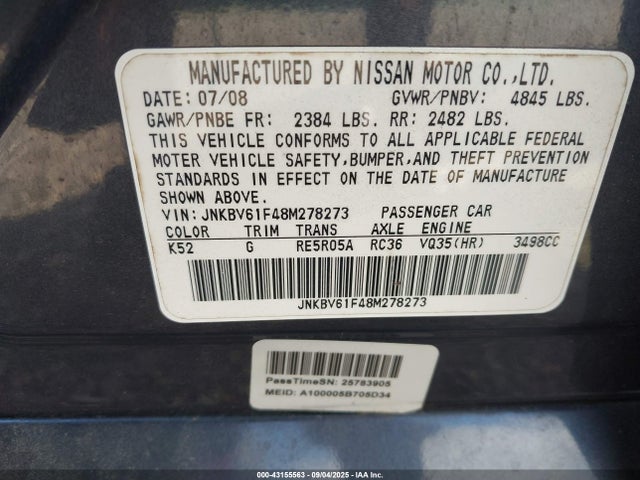 43155563 :رقم المزاد ، JNKBV61F48M278273 vin ، 2008 Infiniti G35x مزاد بيع