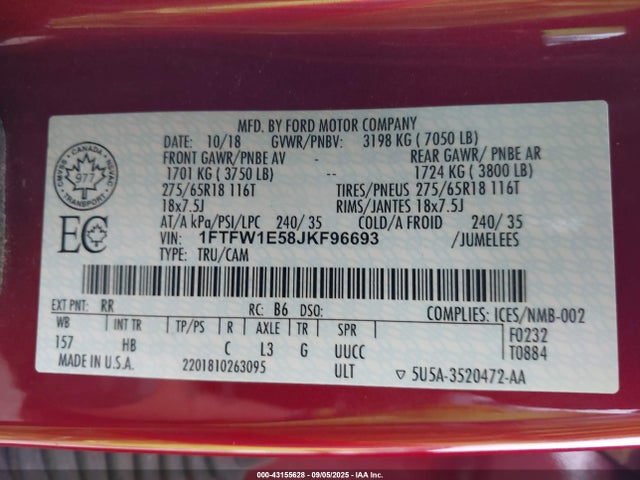 1FTFW1E58JKF96693 Ford 5.0l 4v