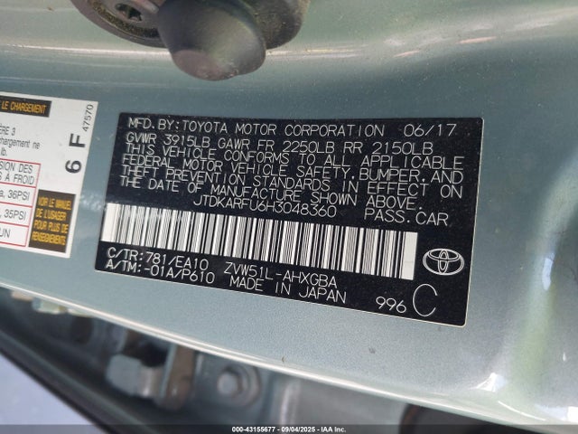 JTDKARFU6H3048360 Toyota 2zr-fxe,1nm