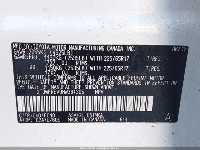 2T3WFREV9HW384305 Toyota 2ar-fe