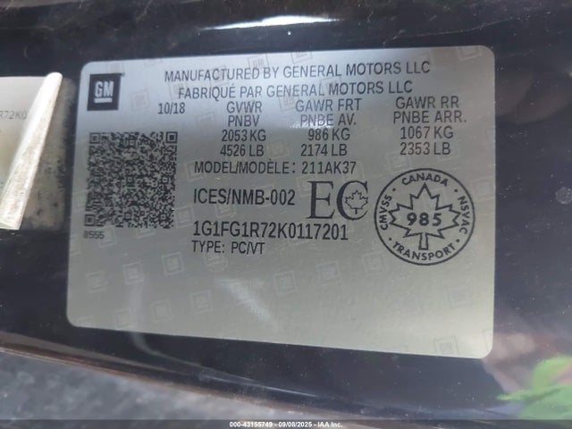 Chevrolet lt1 - direct injection, afm, variable valve timing, high output, alum 2019 1G1FG1R72K0117201 Image 9