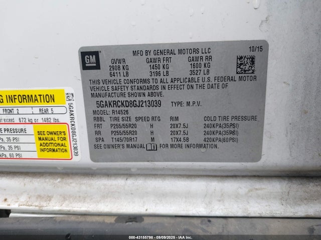 5GAKRCKD8GJ213039 Buick llt - sidi, alum, 60 degrees