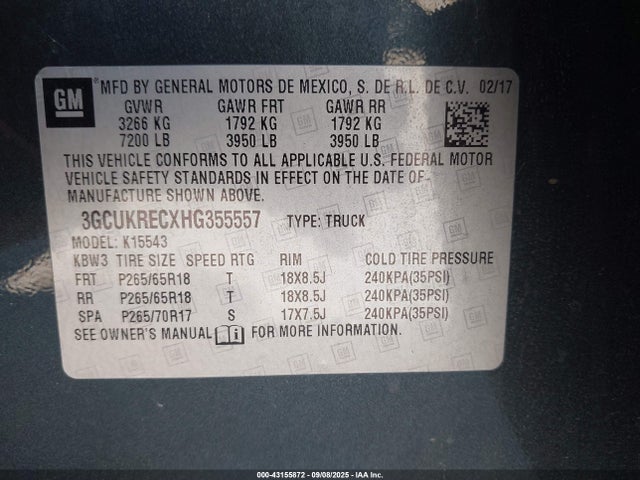 3GCUKRECXHG355557 Chevrolet l83 - sidi: spark ignited direct injection, vvt: variable valve timing, afm, e85 max, alum