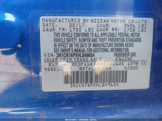 3N1CN7APXHL849654 Nissan Versa