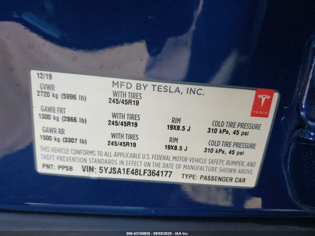 2020 TESLA MODEL S 5YJSA1E48LF364177 Photo 8
