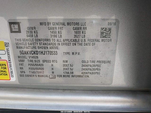 5GAKVCKD1HJ170533 Buick llt - alum, 60 degrees, sidi: spark ignited direct injection