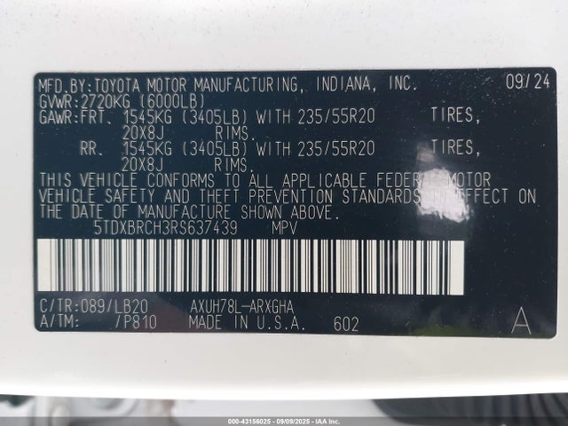 5TDXBRCH3RS637439 Toyota a25a-fxs