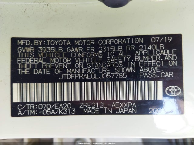 JTDFPRAE0LJ057785 Toyota 2zr-fae