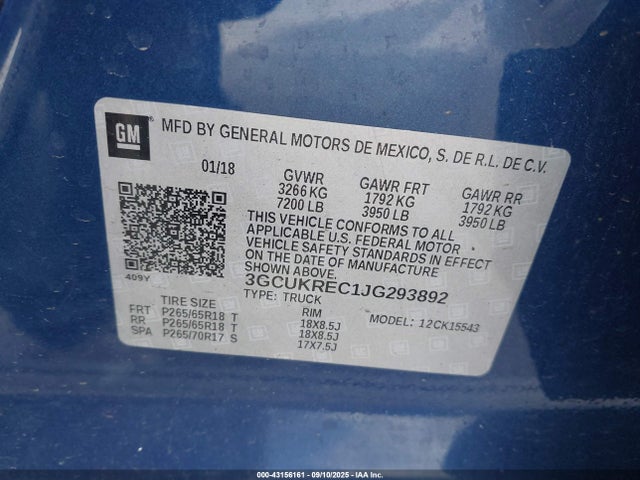 3GCUKREC1JG293892 Chevrolet l83 - sidi: spark ignited direct injection, vvt: variable valve timing, afm, e85 max, alum