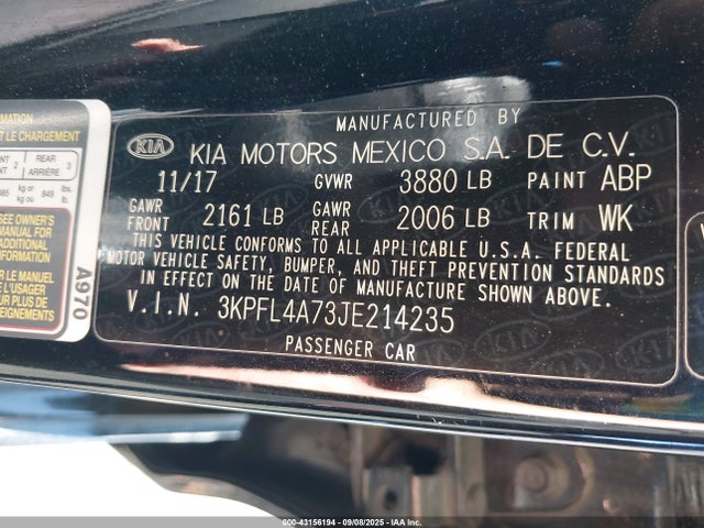 3KPFL4A73JE214235 KIA mpi nu
