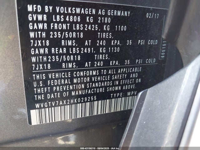 WVGTV7AX2HK029255 Volkswagen 2.0 tsi