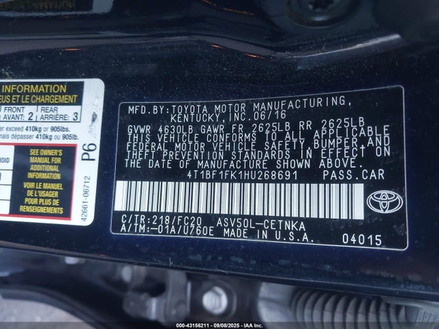 4T1BF1FK1HU268691 Toyota 2ar-fe