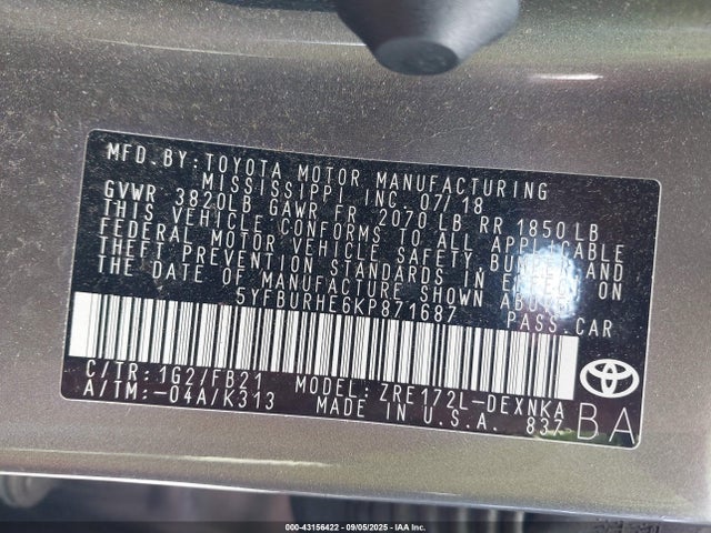 5YFBURHE6KP871687 Toyota 2zr-fe