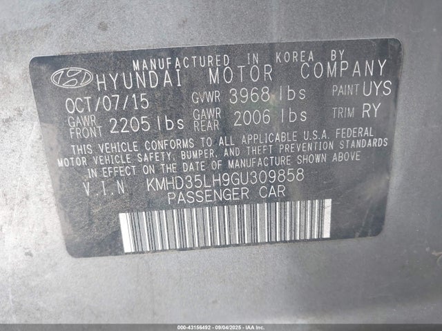 KMHD35LH9GU309858 Hyundai dohc gdi nu