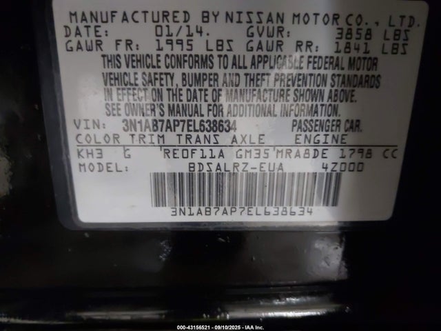 3N1AB7AP7EL638634 Nissan 2014