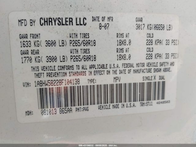 2008 CHRYSLER ASPEN 1A8HW58228F104138 Photo 8