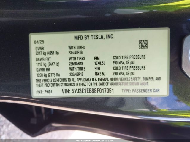 2025 TESLA MODEL 3 5YJ3E1EB8SF017051 Photo 8