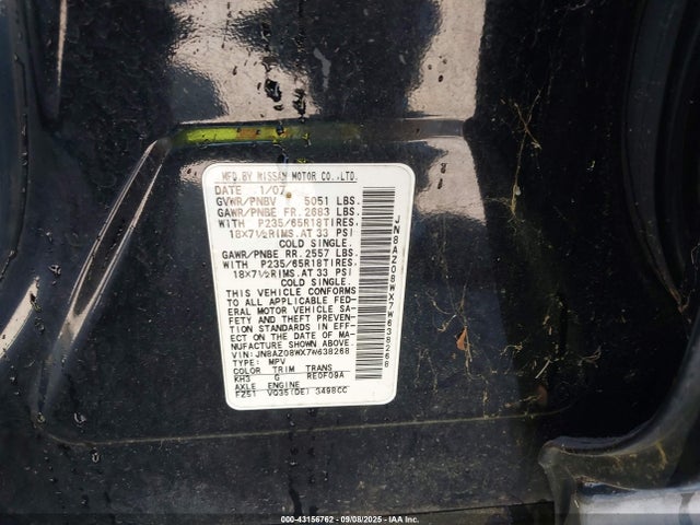 Продаж на аукціоні авто 2007 Nissan Murano S, vin: JN8AZ08WX7W638268, номер лоту: 43156762