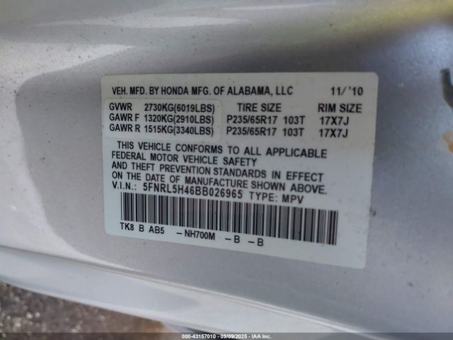 2011 HONDA ODYSSEY 5FNRL5H46BB026965 Photo 8