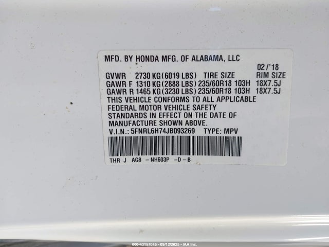 Honda j35y7 2018 5FNRL6H74JB093269 Image 9